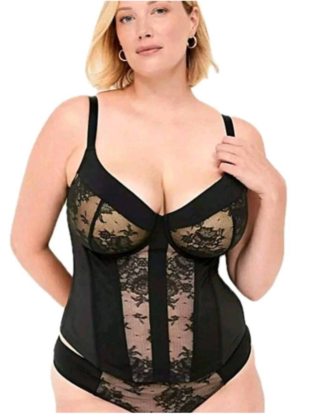 Cacique Black Lace Corset Underwire Balconette Bra Plus Size 46C Mesh Shapewear